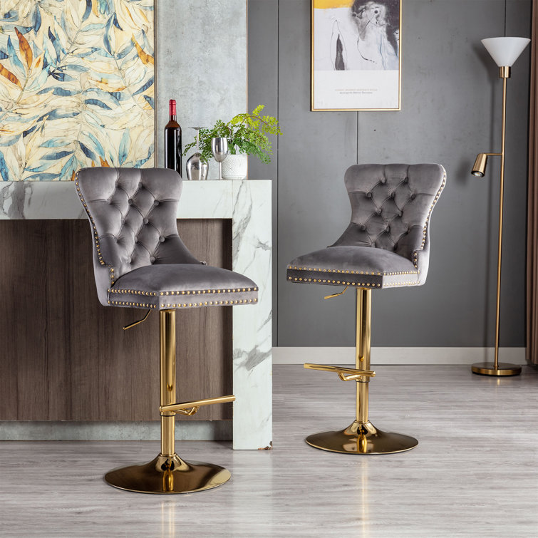 Dazhaun Swivel High Bar Stools Velvet Tufted Barstools Adjustable Chairs with Gold Base